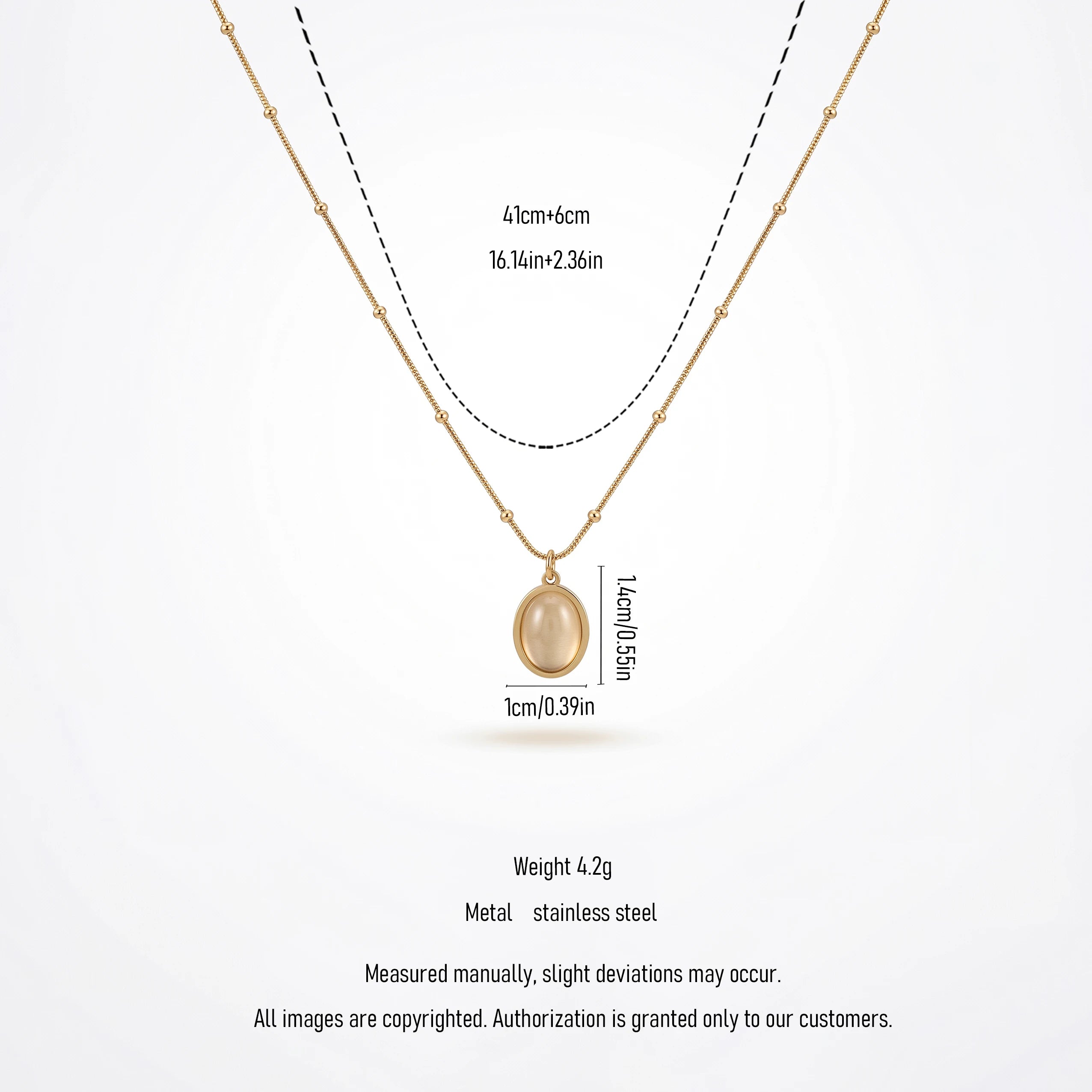 QIAOREN 13510 Dainty Beaded Snake Chain Oval Cream Cat Eye Pendant Necklace, Smooth Gold Frame Natural Stone Necklace