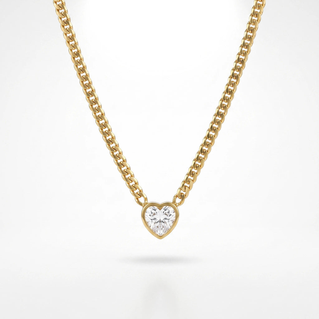 QIAOREN 13719-20 Curb Cuban Chain Heart Cut Clear Zircon Pendant Necklace, Bezel Set Heart Gem Polished Gloss Gold Necklace
