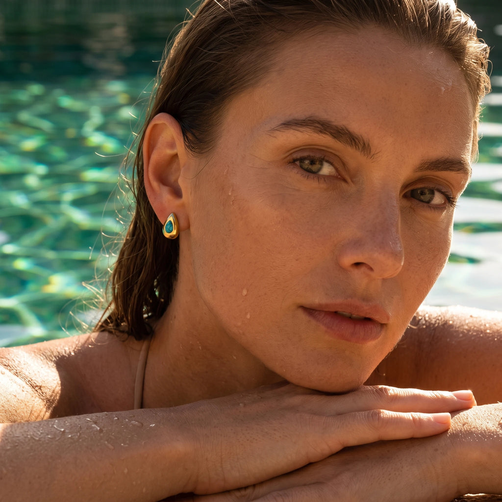 QIAOREN 13276 Gold Tone Hammered Teardrop Stud Earrings Inlaid Natural Turquoise Stone Water Drop Shape Clip Back Studs Bohemian