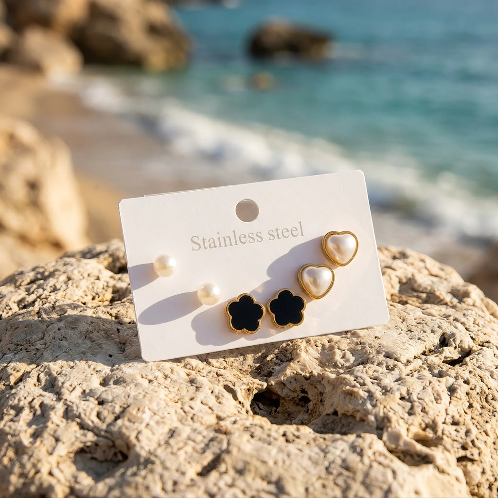 QIAOREN 14460 3 Pair Gold Stainless Steel Stud Earrings Set, Black Clover & Heart Pearl Studs for Daily Jewelry