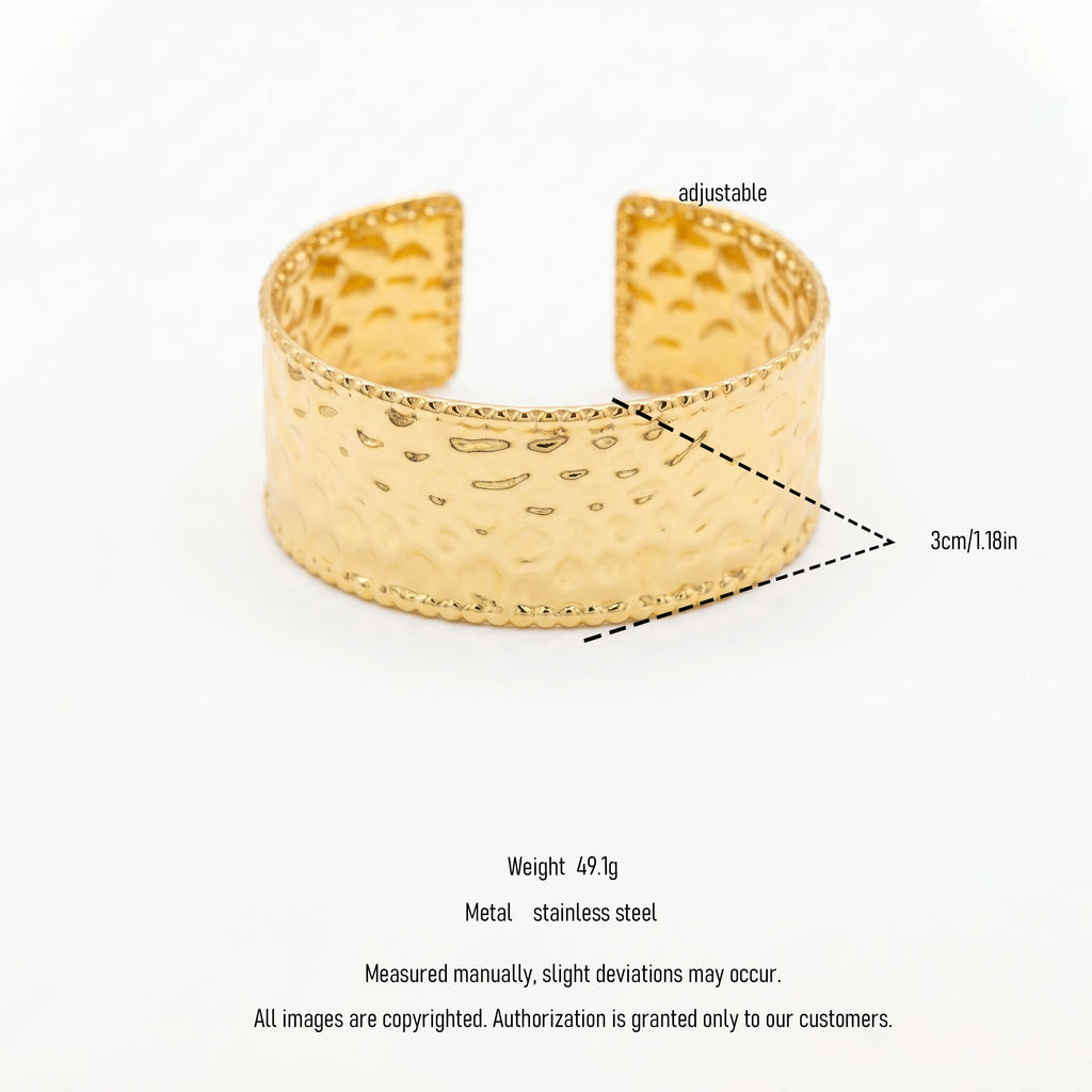 QIAOREM 12720Minimalist Hand Stamped Dimple Wide Cuff Bangle Hypoallergenic Stainless Steel Gold Bracelet Anniversary Party Gift
