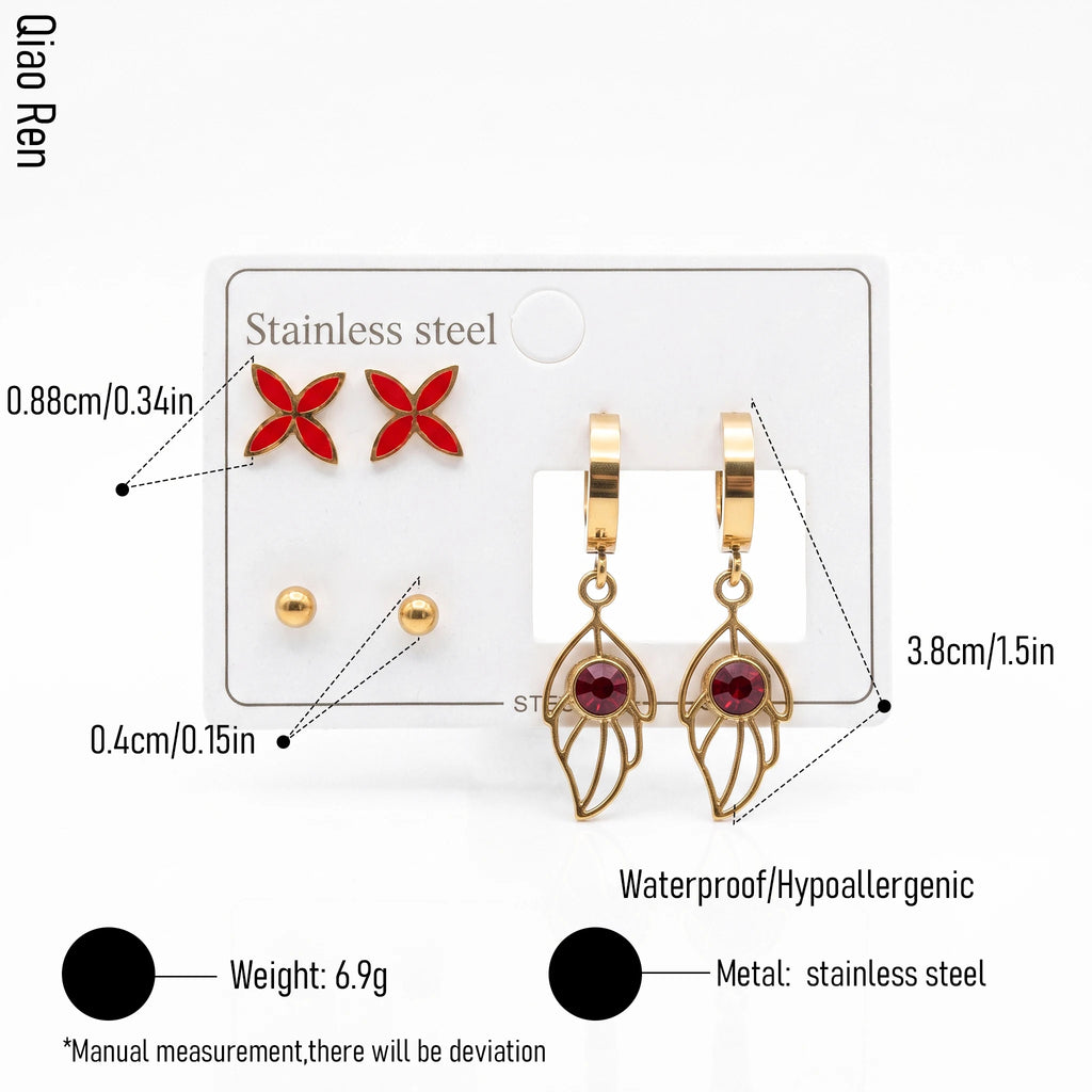 QIAOREN 14523 Waterproof Stainless Steel Earrings Set Butterfly Leaf Drop Stud Earrings Red Crystal Hypoallergenic Jewelry Women