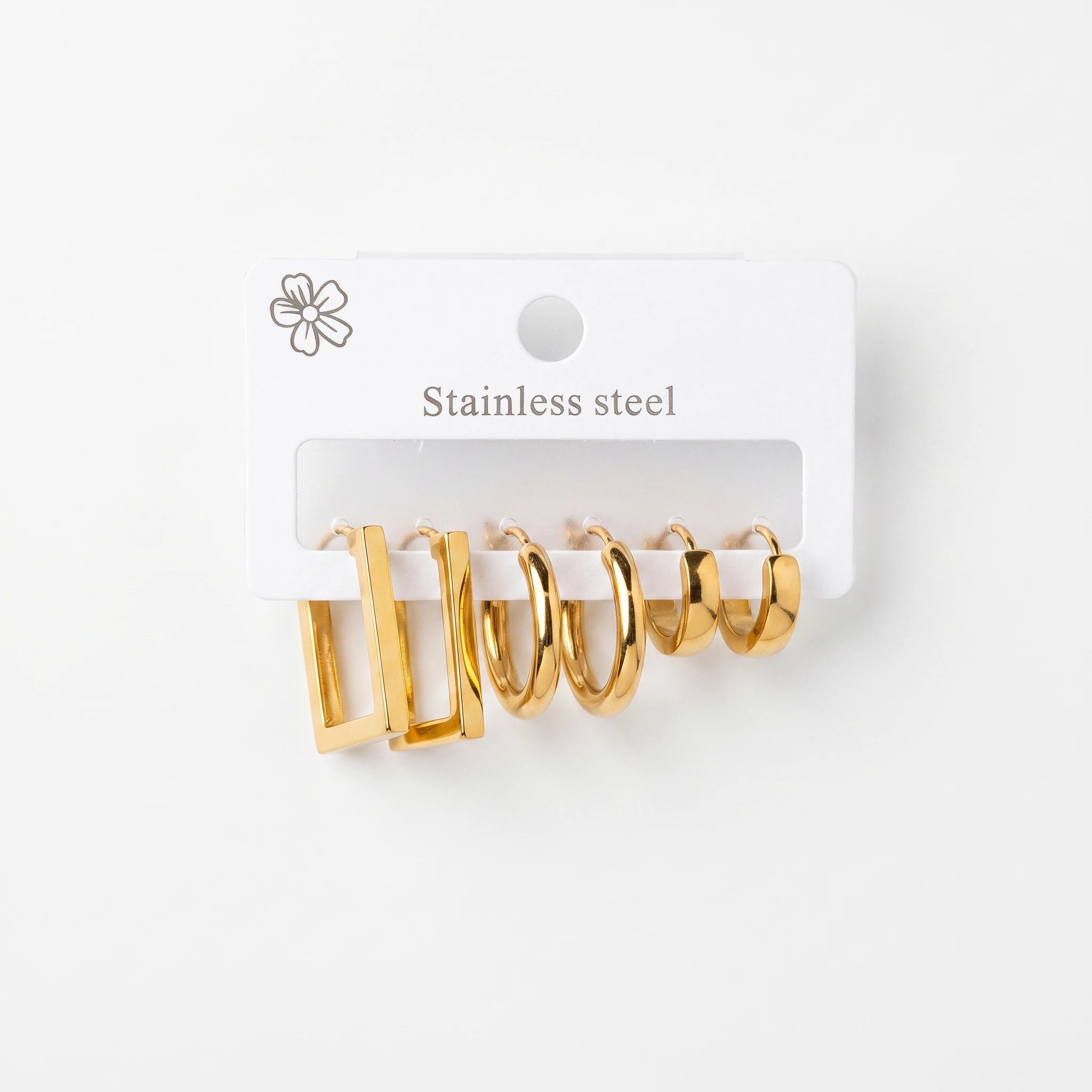 QIAOREN 14476 3 Pair Gold Stainless Steel Huggie Hoop Earrings Set, Square Frame Hoops, Thick Round Hoops & Wide Flat Hoops