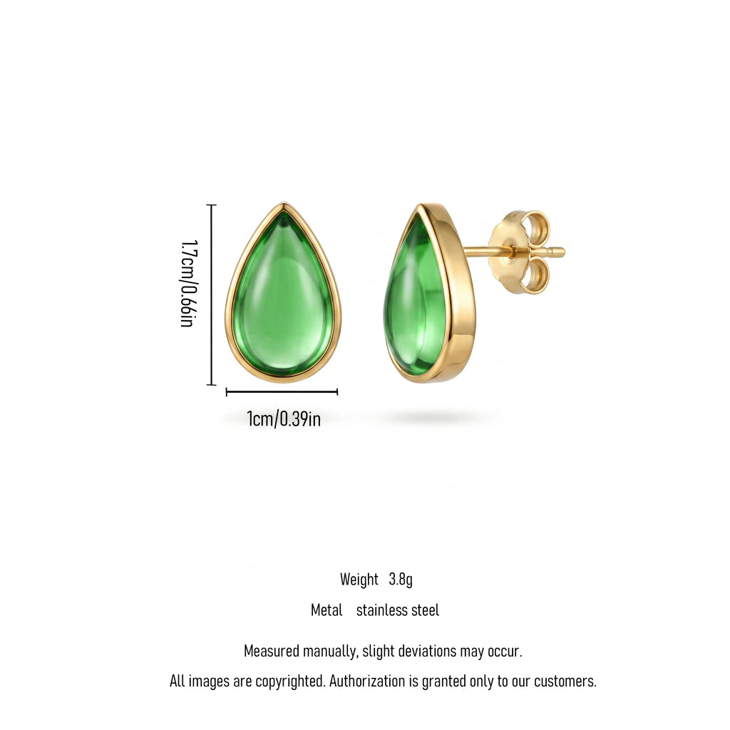 QIAOREN 13669 Solid Teardrop Gloss Green Resin Stud Earrings, Bezel Set Smooth Cabochon Gem Polished Gold Frame Piercing Jewelry