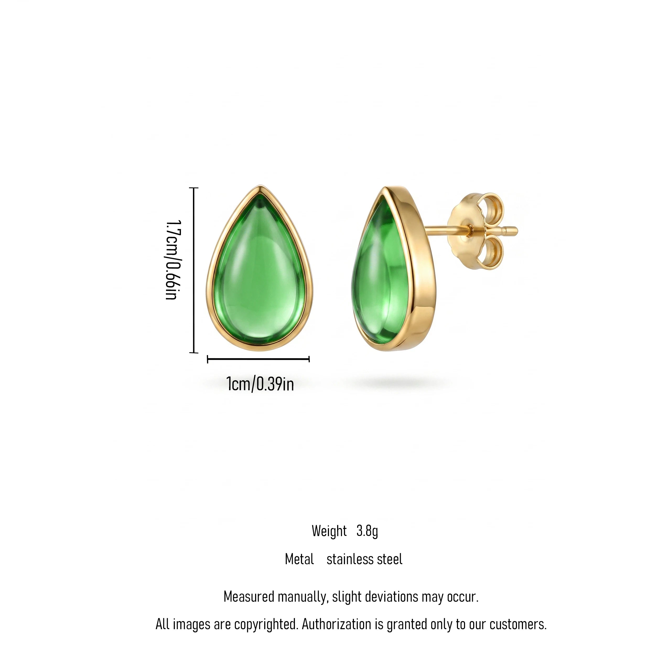 QIAOREN 13669 Solid Teardrop Gloss Green Resin Stud Earrings, Bezel Set Smooth Cabochon Gem Polished Gold Frame Piercing Jewelry