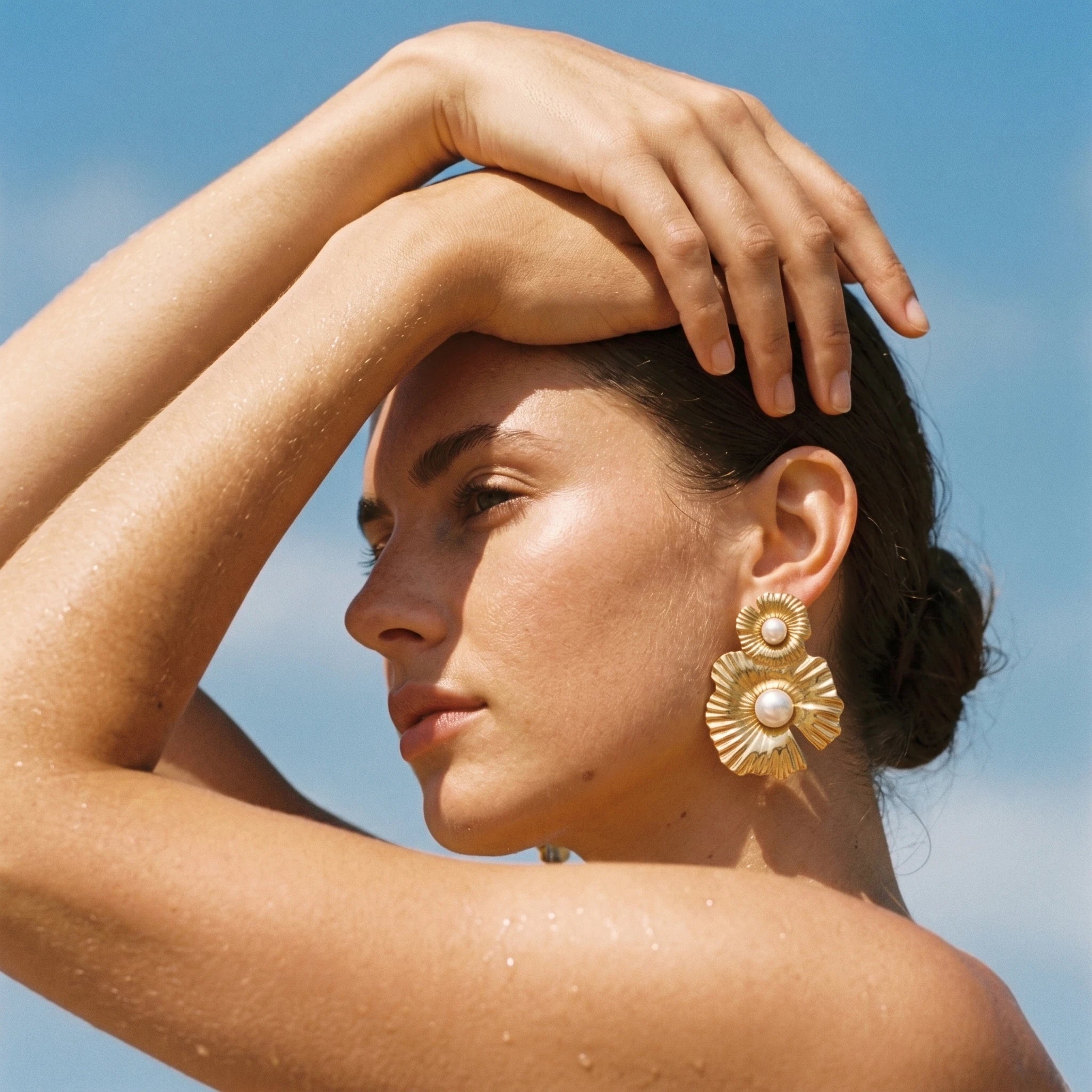 QIAOREN 12428 Elegant Quiet Luxury Fluted Petal Flower Pearl Drop Earrings Gold Stainless Steel 3D Botanical Statement Jewelry