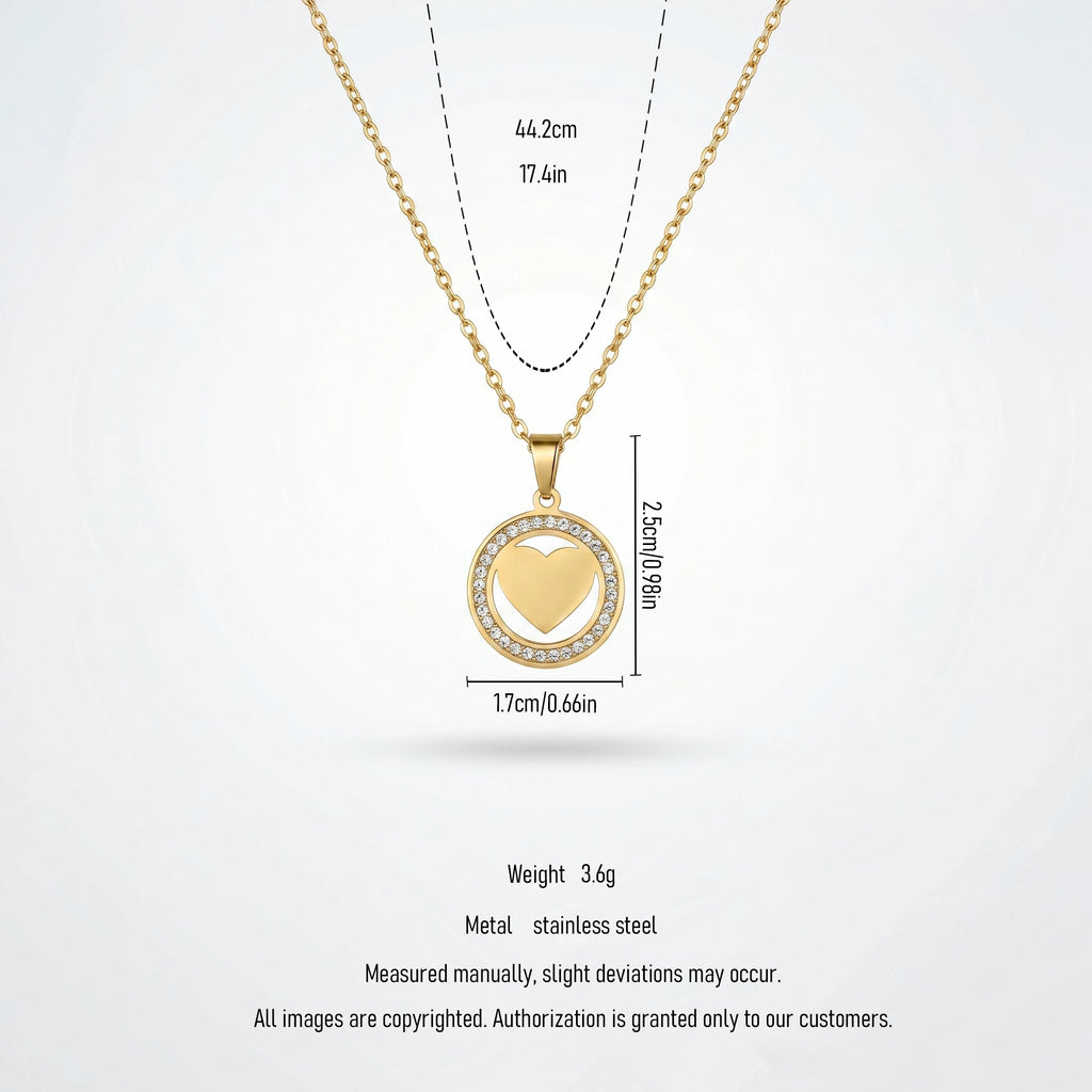 QIAOREN11860 Trendy Sparkling CZ Pave Heart Circle Necklace Stainless Steel Gold Plated Halo Love Pendant Jewelry for Women US