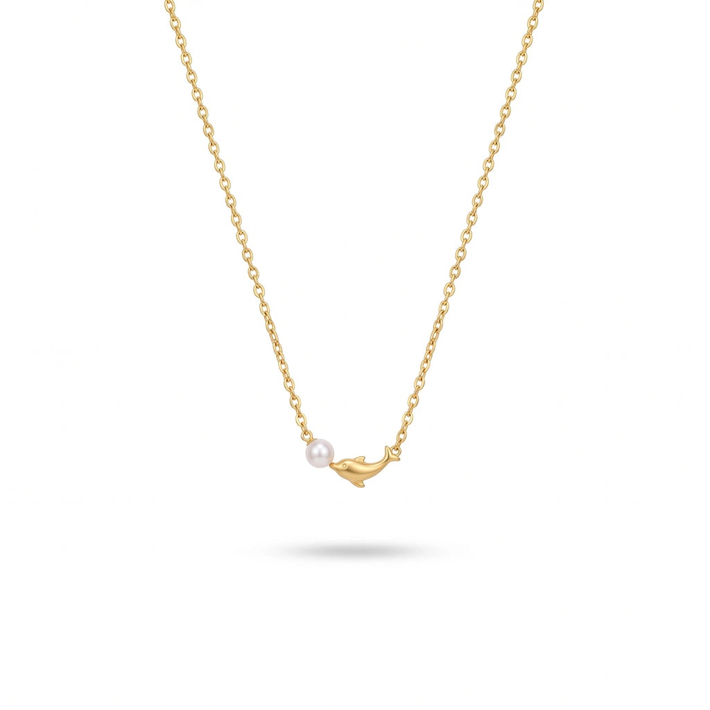 QIAOREN 13931 Thin Oval Link Chain Pendant Necklace with Mini Smiling Dolphin Charm & Single Smooth White Pearl