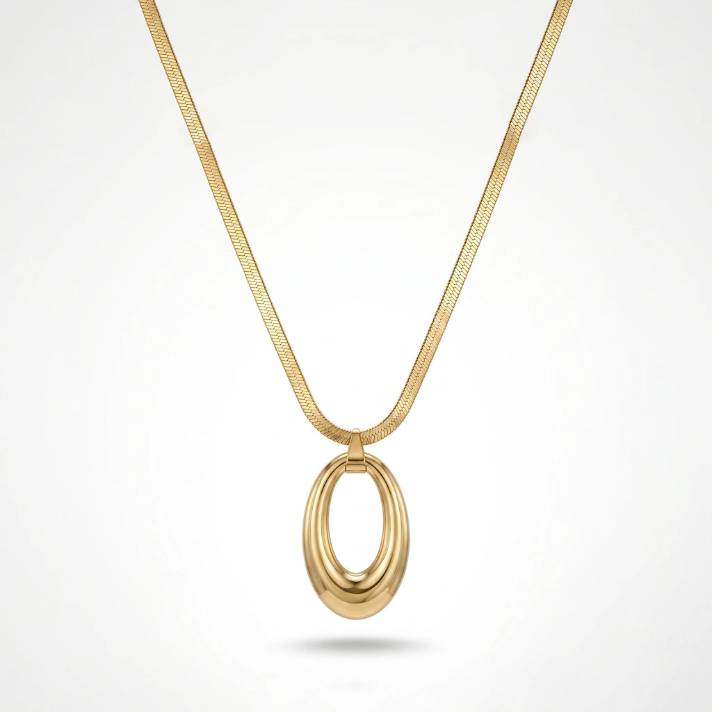 QIAOREN 13159 Gold Plated Oval Pendant Necklace Stainless Steel Herringbone Snake Chain Minimalist Statement Jewelry for Women
