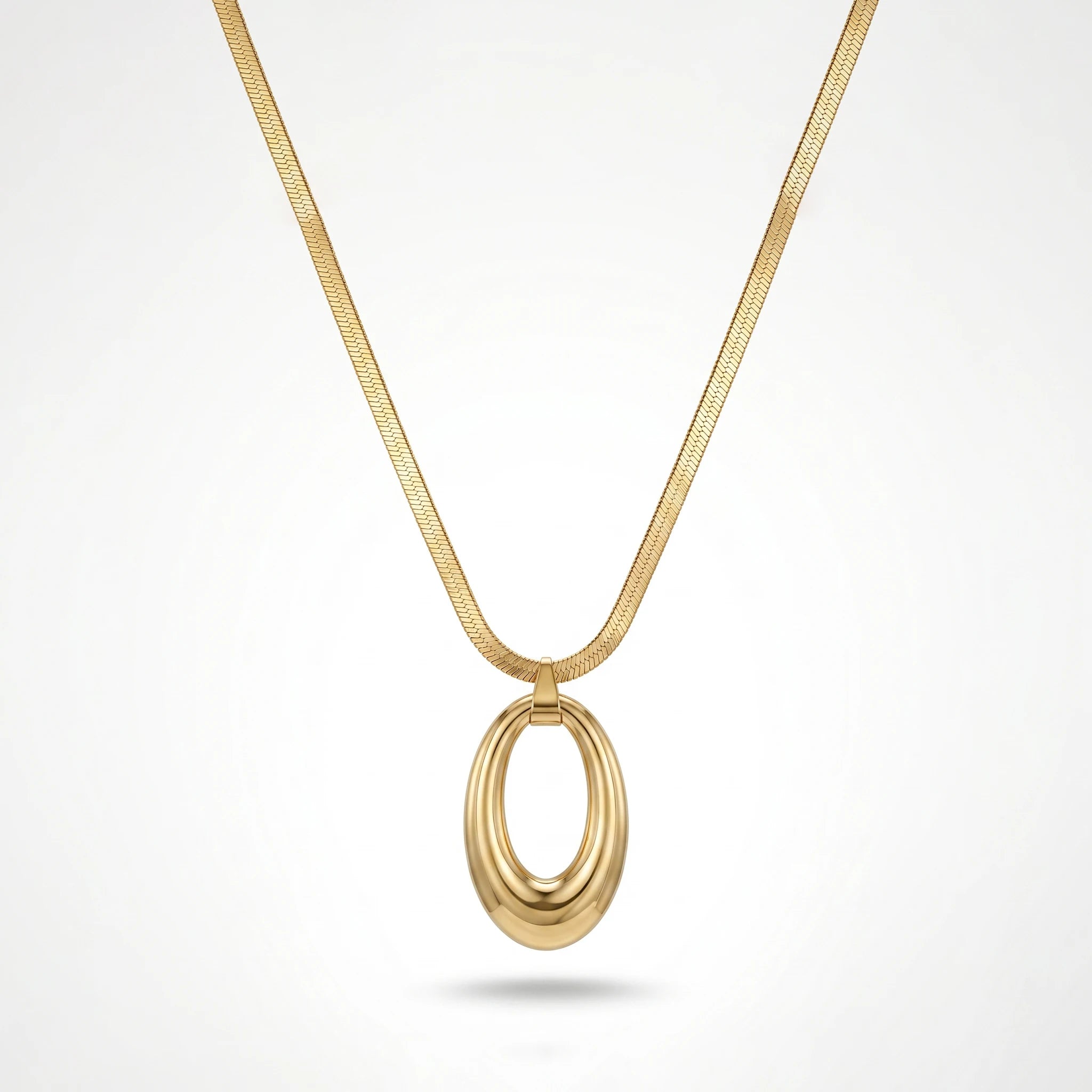 QIAOREN 13159 Gold Plated Oval Pendant Necklace Stainless Steel Herringbone Snake Chain Minimalist Statement Jewelry for Women