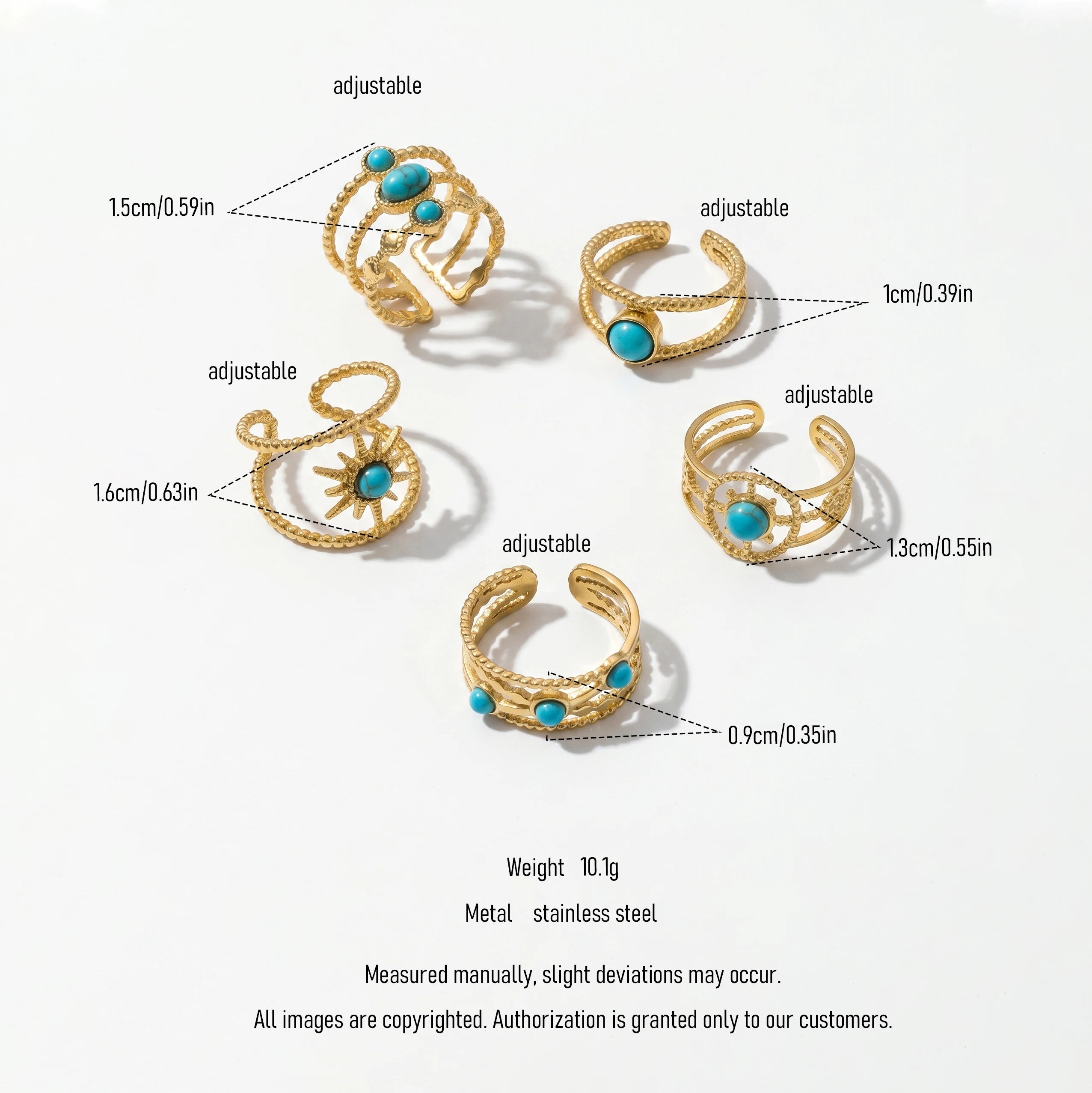 QIAOREN 13171-75 5Pcs Gold Stainless Steel Turquoise Open Ring Set Irregular Hammered Crown Adjustable Boho Stackable Rings