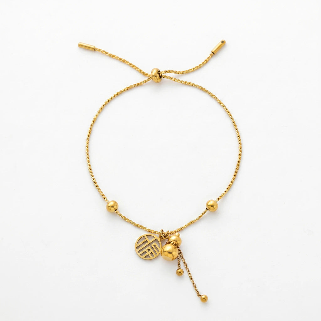 QIAOREN 13299 National Wind Lucky Bracelet 18K Gold Stainless Steel Fu Character Gourd Pendant Adjustable Slider Pull Wire Bead