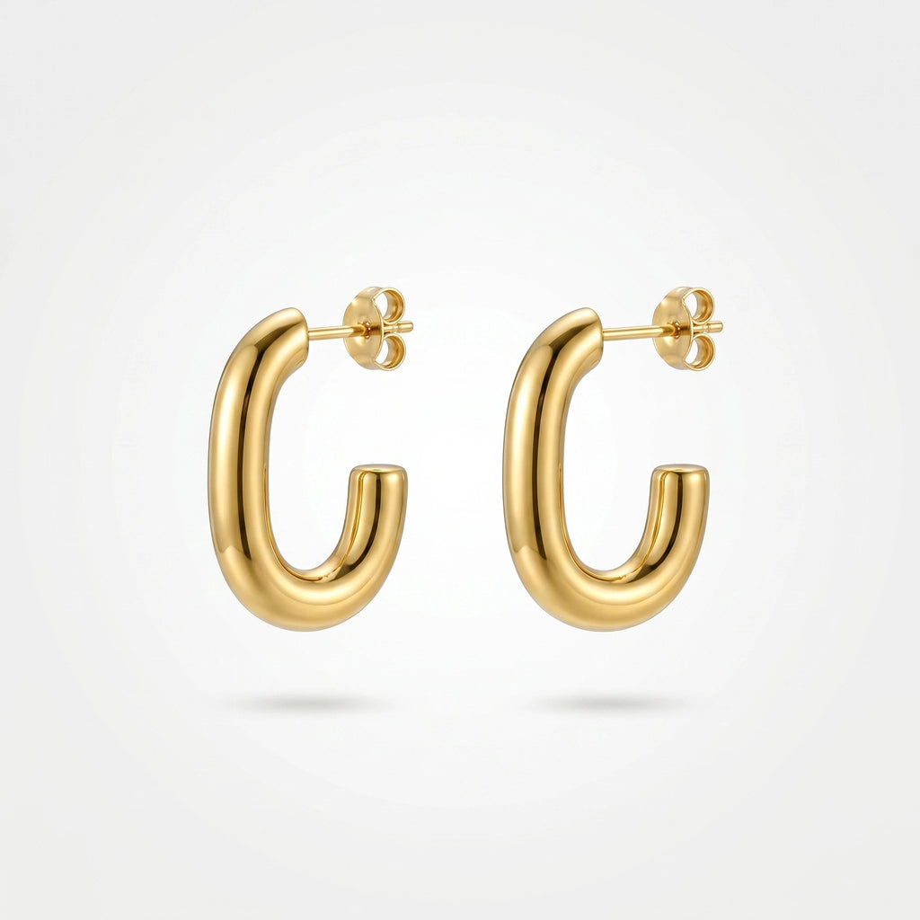 QIAOREN 12389 Trendy Chunky U Shape Hoop Earrings Gold Stainless Steel Bold Elongated Paperclip Open C Hoops Studs Women US EU