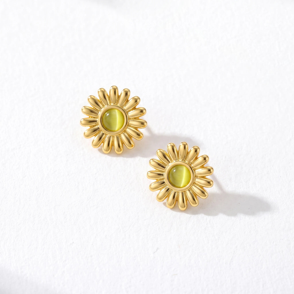 QIAOREN 13265 Gold Tone Daisy Flower Stud Earrings Inlaid Round Yellow Cat Eye Stone Sunflower Shape Pin Studs Warm Retro Gentle