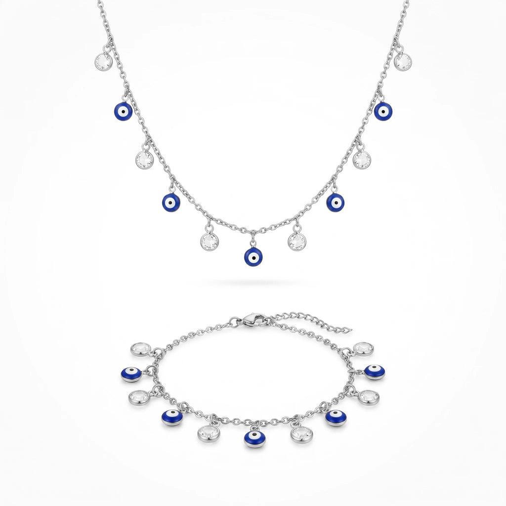 QIAOREN 12599 Dainty Blue Enamel  Jewelry Set Stainless Steel 18K Gold  Necklace Bracelet Hypoallergenic Lucky Amulet
