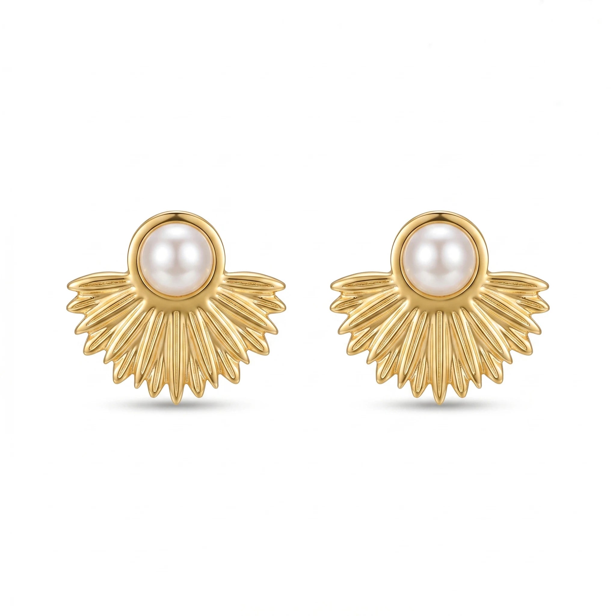 QIAOREN 12238 Art Deco Pearl Sunburst Stud Earrings Stainless Steel Gold Radiating Fan Celestial Earrings for Women US EU Hot