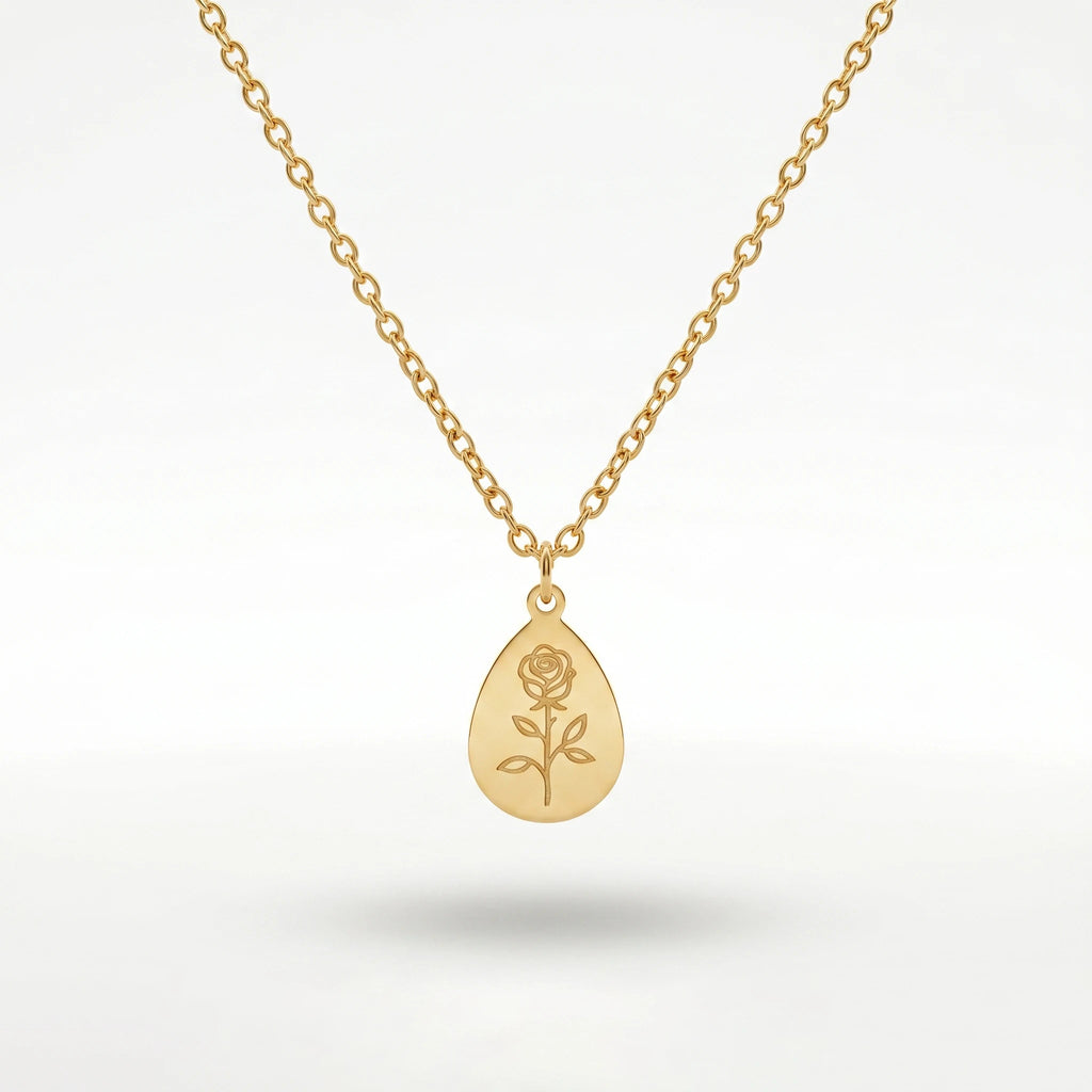 QIAOREN 11327 18K Gold Plated Teardrop Rose Engraved Pendant Necklace Stainless Steel Tarnish Free Waterproof Jewelry