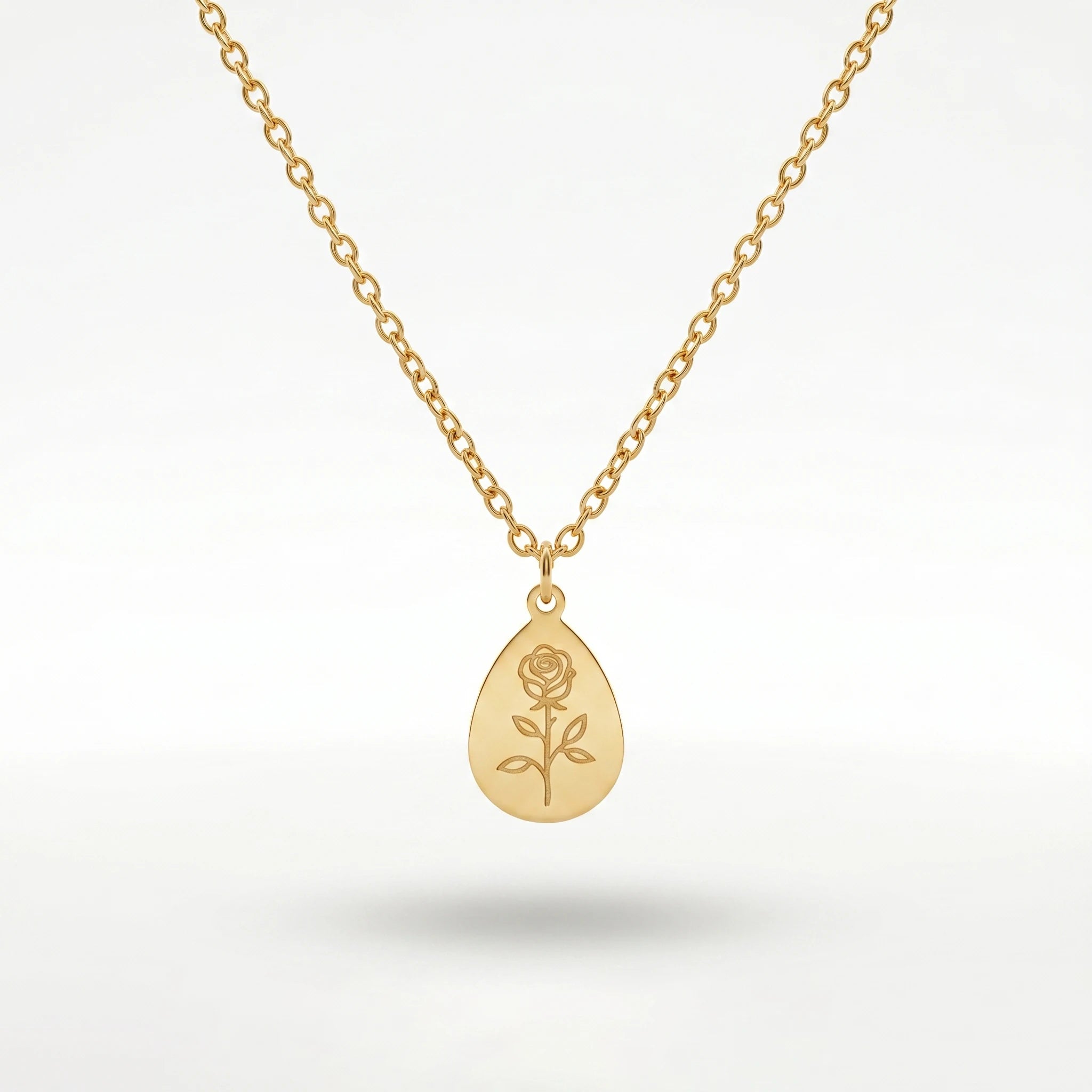 QIAOREN 11327 18K Gold Plated Teardrop Rose Engraved Pendant Necklace Stainless Steel Tarnish Free Waterproof Jewelry