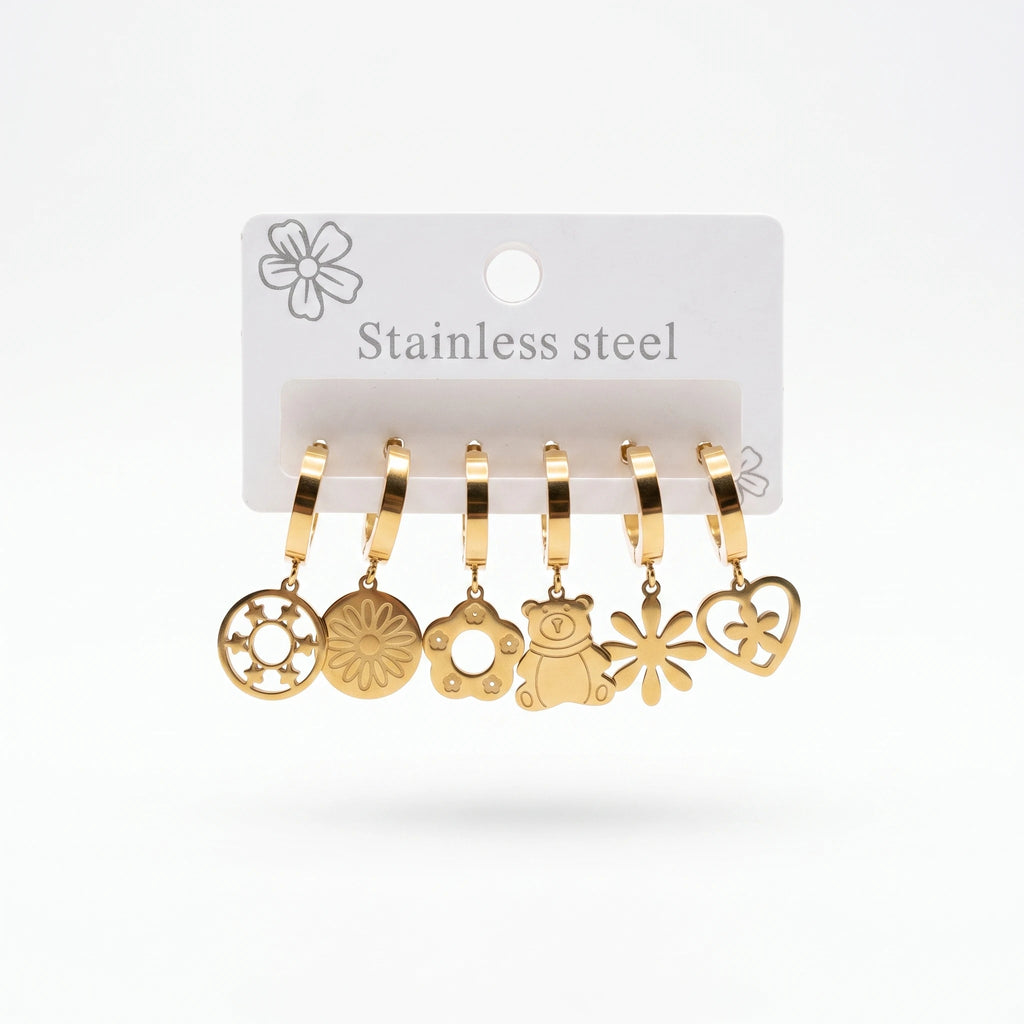 QIAOREN 14479 6 Pair Gold Stainless Steel Huggie Hoop Earrings Set, Bear & Floral Cutout Disc Dangle Drop Earrings