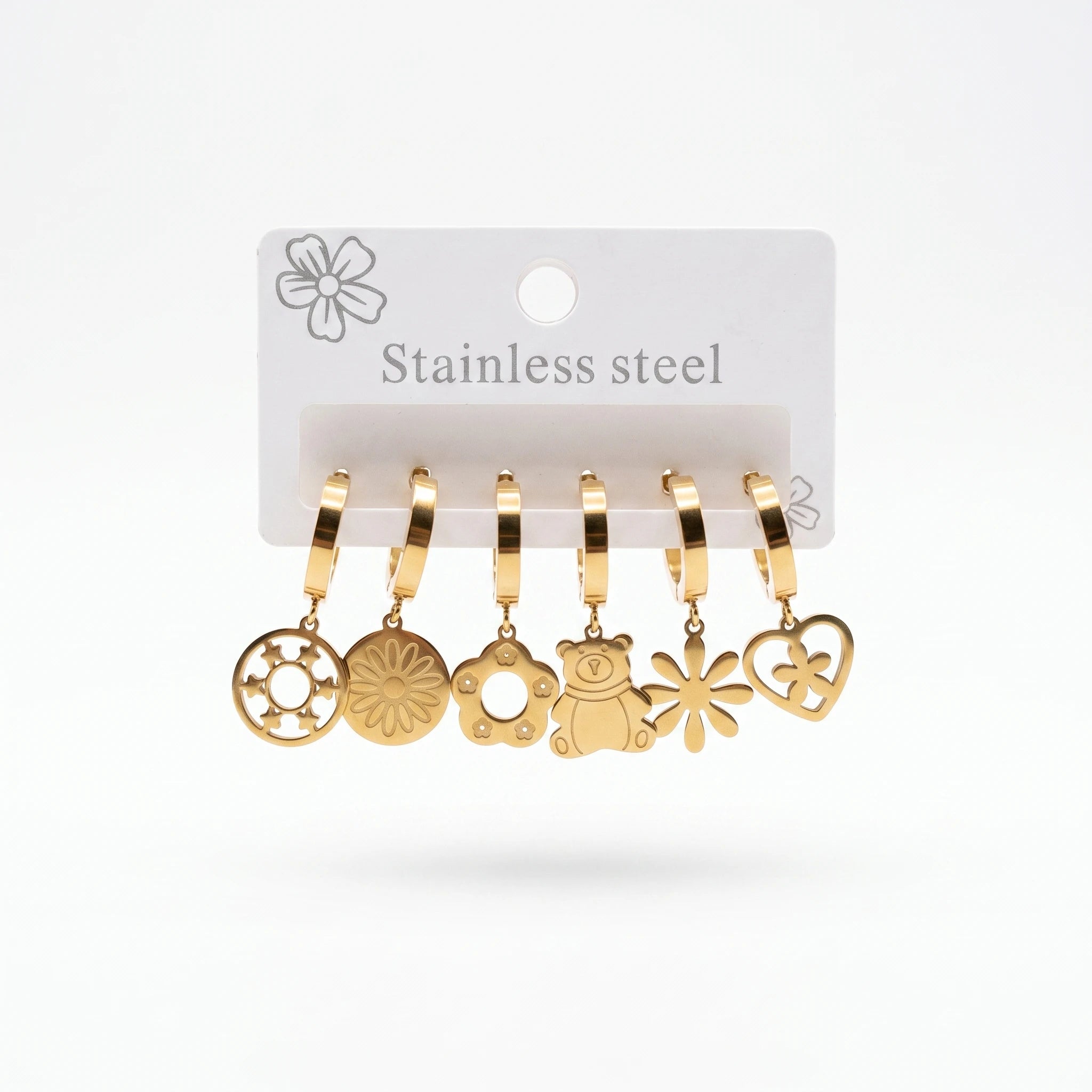 QIAOREN 14479 6 Pair Gold Stainless Steel Huggie Hoop Earrings Set, Bear & Floral Cutout Disc Dangle Drop Earrings