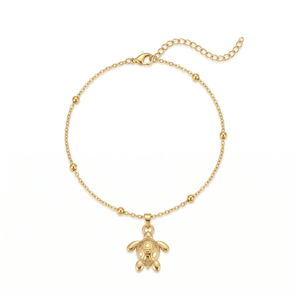 QIAOREN 11441 Dainty Boho Sea Turtle Charm Anklet 18K Gold Plated Stainless Steel Beach Foot Jewelry