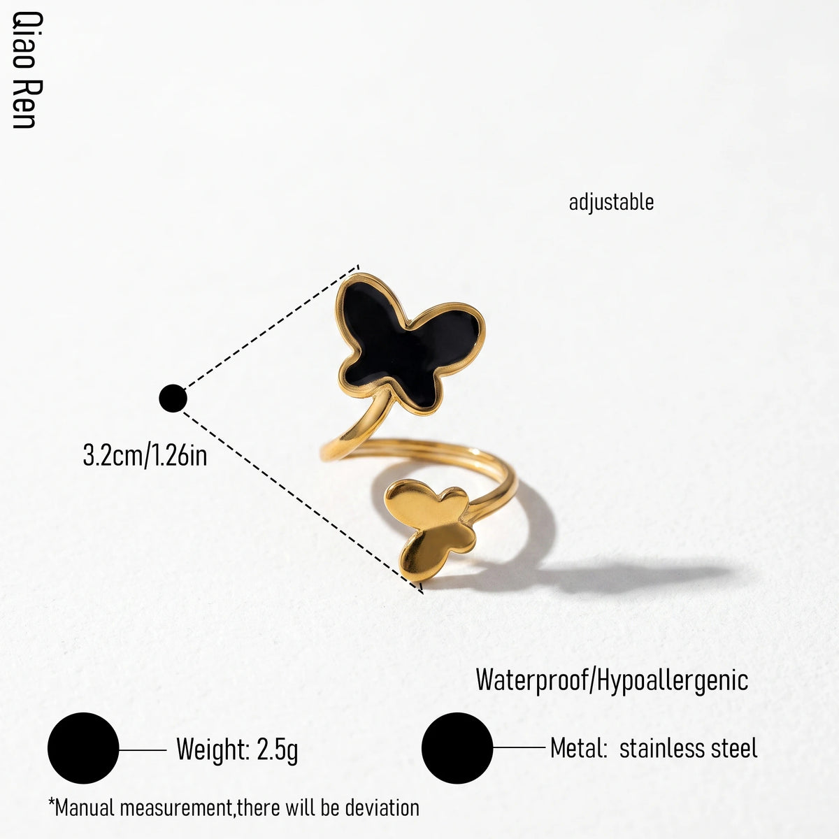 QIAOREN 14226-31 Black Enamel Irregular Wave Open Ring Set, Abstract Curved Adjustable Stackable Ring Jewelry Gift
