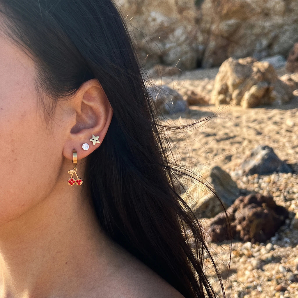 QIAOREN 14526 Waterproof Stainless Steel Earrings Set Cherry Hoop Stud Earrings Star CZ Crystal Jewelry for Women