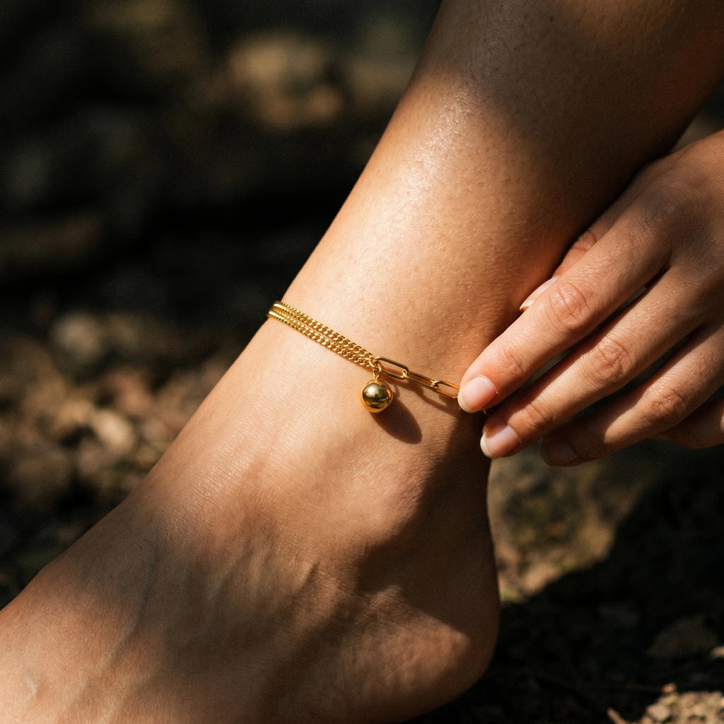 QIAOREN 12888 Gold Plated Double Layer Chain Bead Ball Anklet for Women Adjustable Dainty Minimalist Luxury Foot Jewelry Gift
