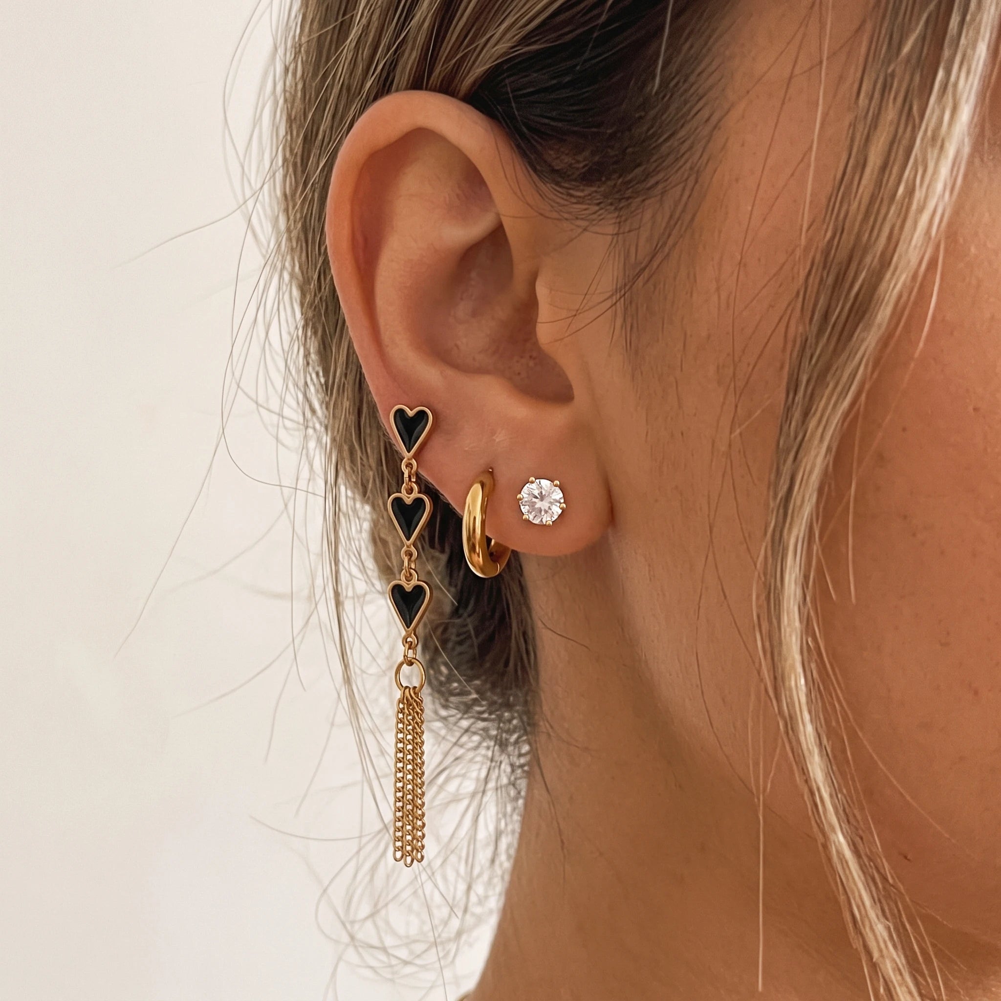 QIAOREN 14490 Black Enamel Heart Tassel Stainless Steel Long Drop Earrings Set,Gold Multi Pair Earring Pack Jewelry Gift