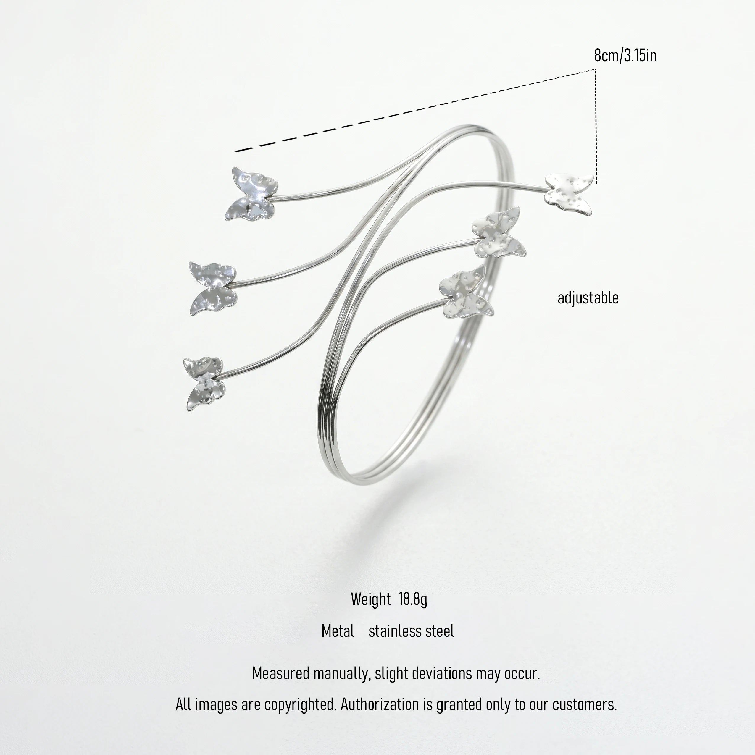 QIAOREN 12821 Tarnish Free Butterfly Armlet Upper Arm Bracelet 316L Stainless Steel Waterproof Adjustable Open Cuff Jewelry Gift