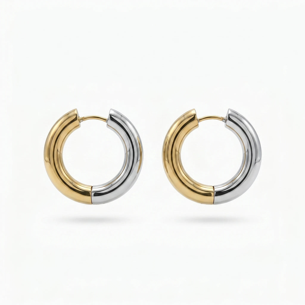 QIAOREN 12404 Elegant Quiet Luxury Two-Tone Gold Silver Hoops Stainless Steel Sleek Split Bi-Color Chunky Statement Earrings