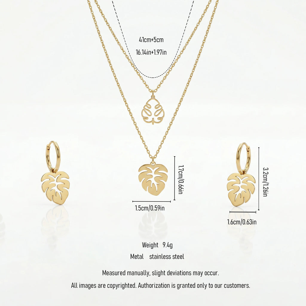 QIAOREN 11894 Waterproof Hollow Monstera Leaf Jewelry Set 18K Gold Stainless Steel 3Pcs Beach-Friendly All-Day Wear Jewelry