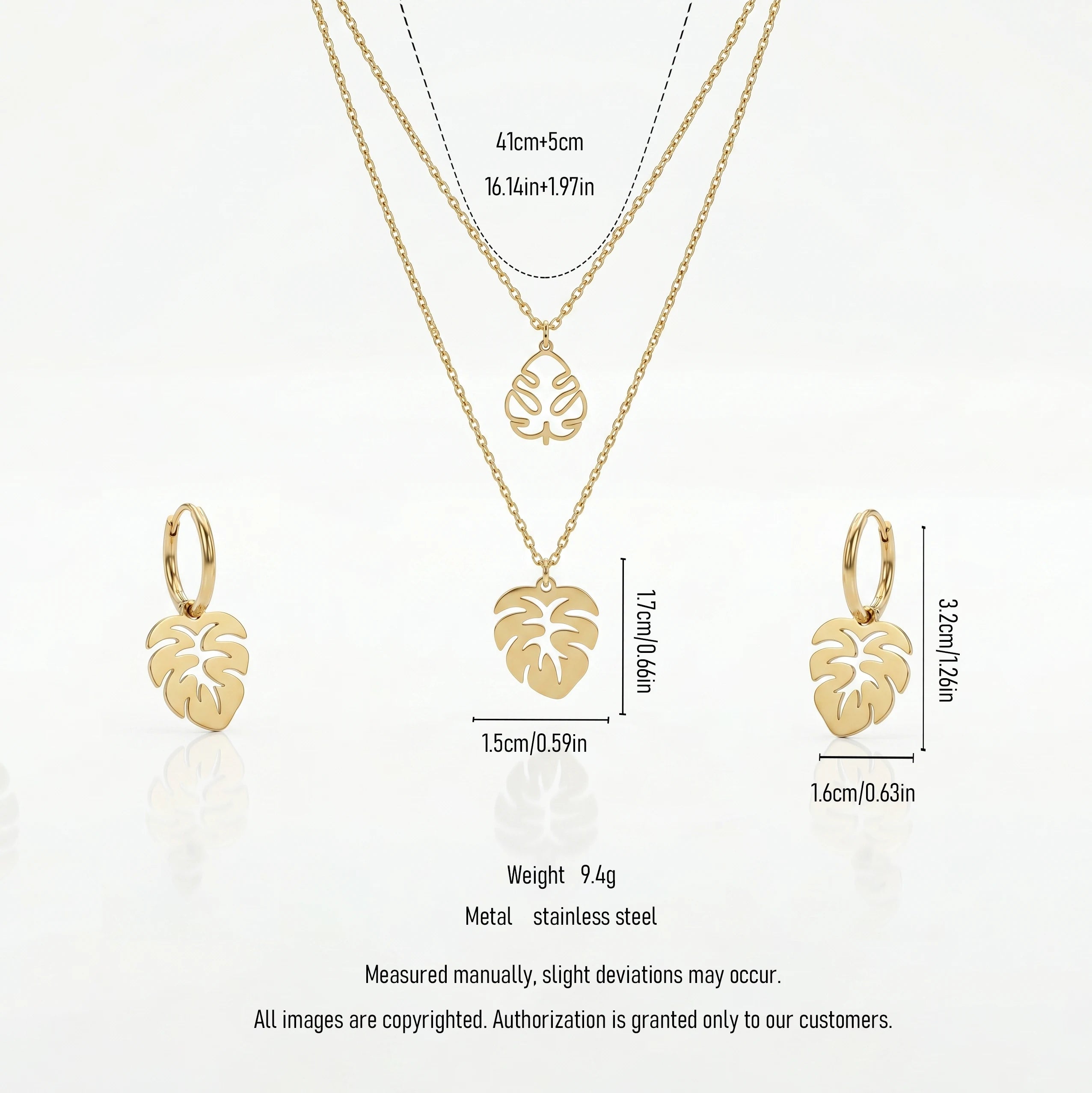 QIAOREN 11894 Waterproof Hollow Monstera Leaf Jewelry Set 18K Gold Stainless Steel 3Pcs Beach-Friendly All-Day Wear Jewelry