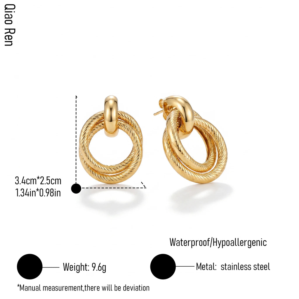 QIAOREN 14531 Waterproof Stainless Steel Hoop Earrings Twisted Round Statement Earrings Hypoallergenic Jewelry Women