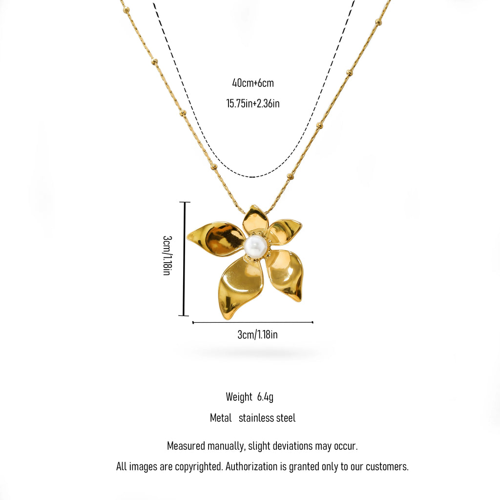 QIAOREN 13998 Beaded Oval Link Chain Pendant Necklace with Five Petal Flower Charm Centered with Round Pearl
