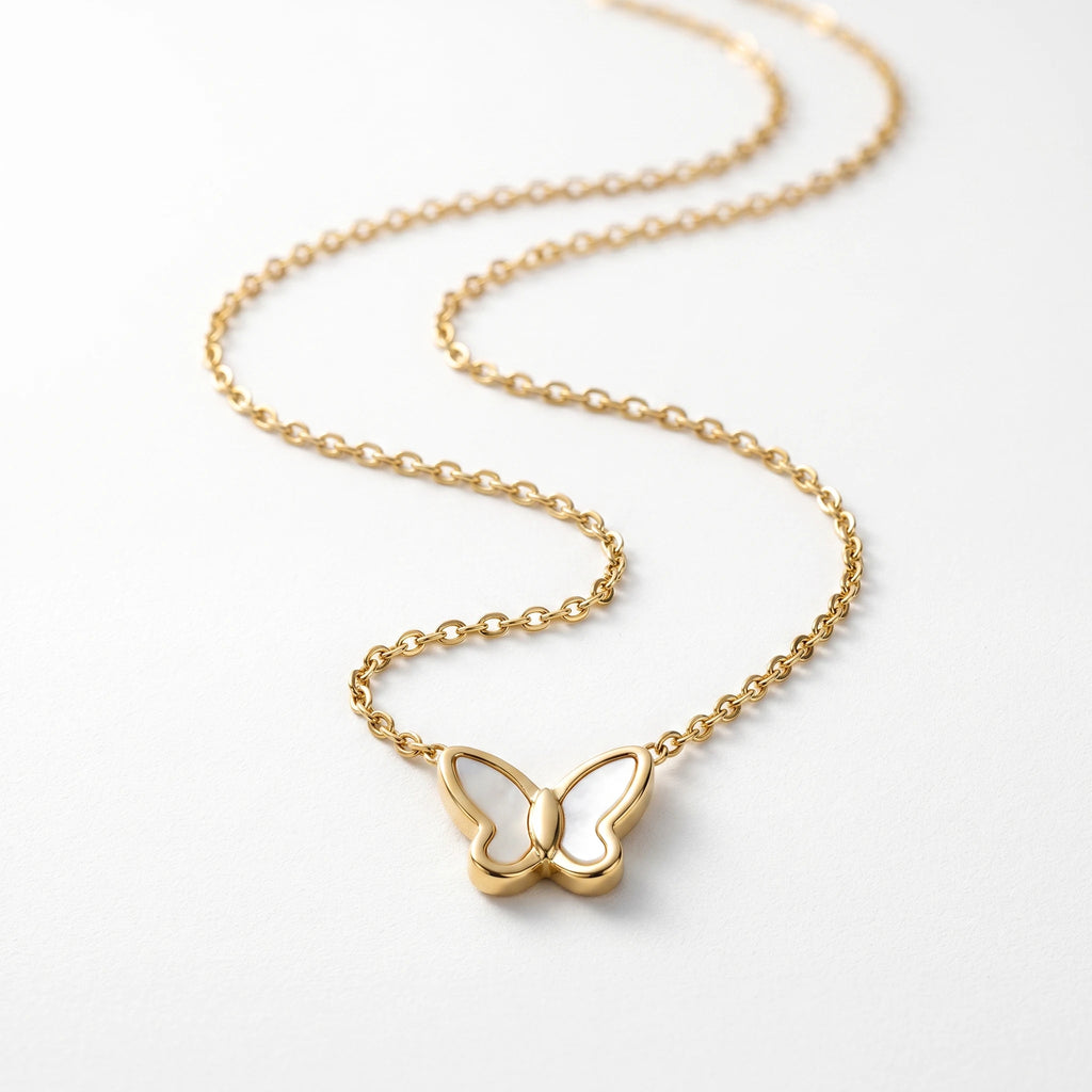 QIAOREN 13543 Dainty Hollow Butterfly Pendant Necklace with Natural Stone, Thin Gold Cable Chain