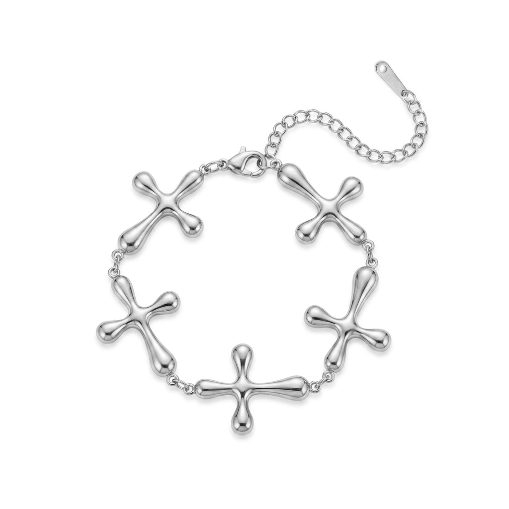 QIAOREN12029 Wholesale Gold Plated Stainless Steel Smooth Puffy Cross Link Bracelet  Bead Chain Adjustable Extension Jewelry