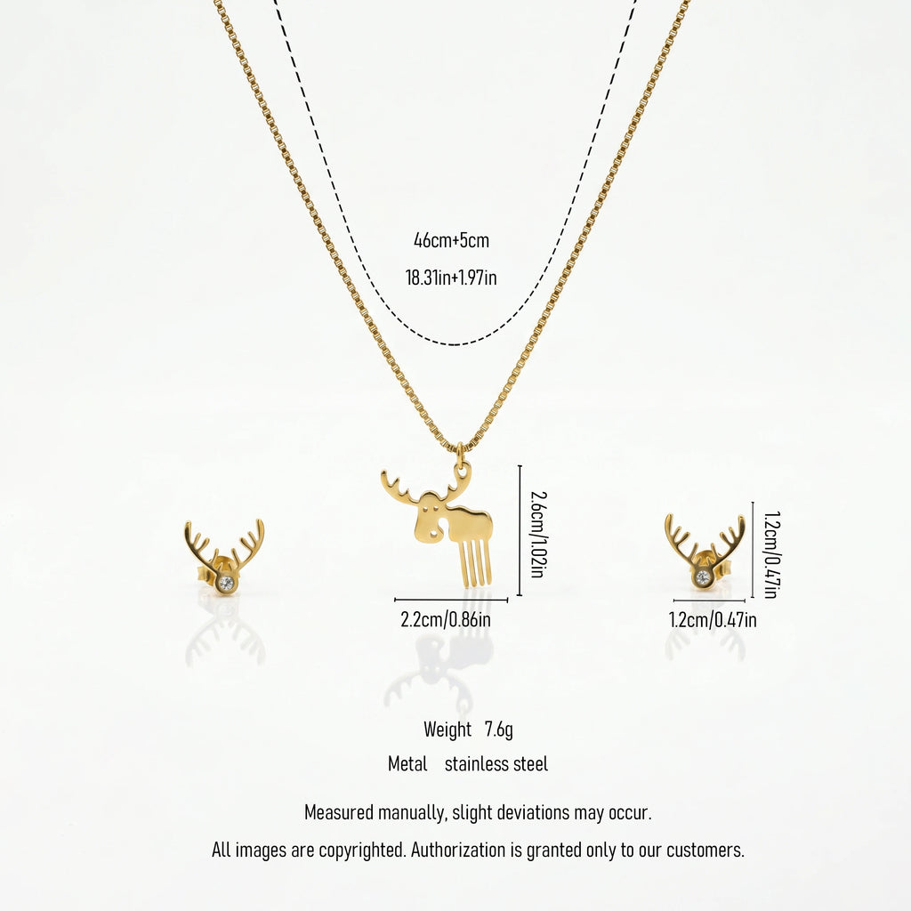 QIAOREN 11878 Waterproof Cute Moose Jewelry Set 18K Gold Stainless Steel Pendant Necklace Matching Antler Stud Earrings