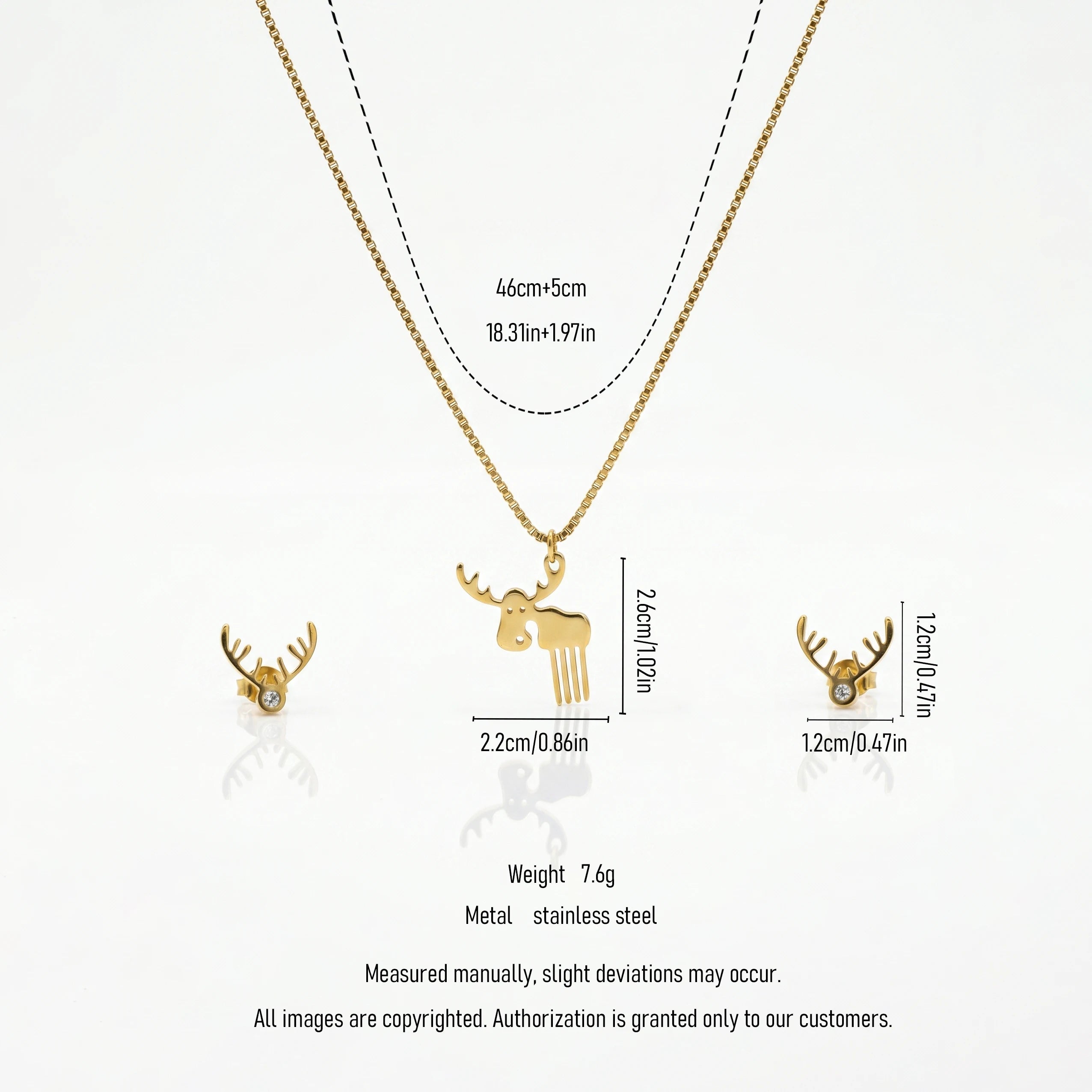 QIAOREN 11878 Waterproof Cute Moose Jewelry Set 18K Gold Stainless Steel Pendant Necklace Matching Antler Stud Earrings