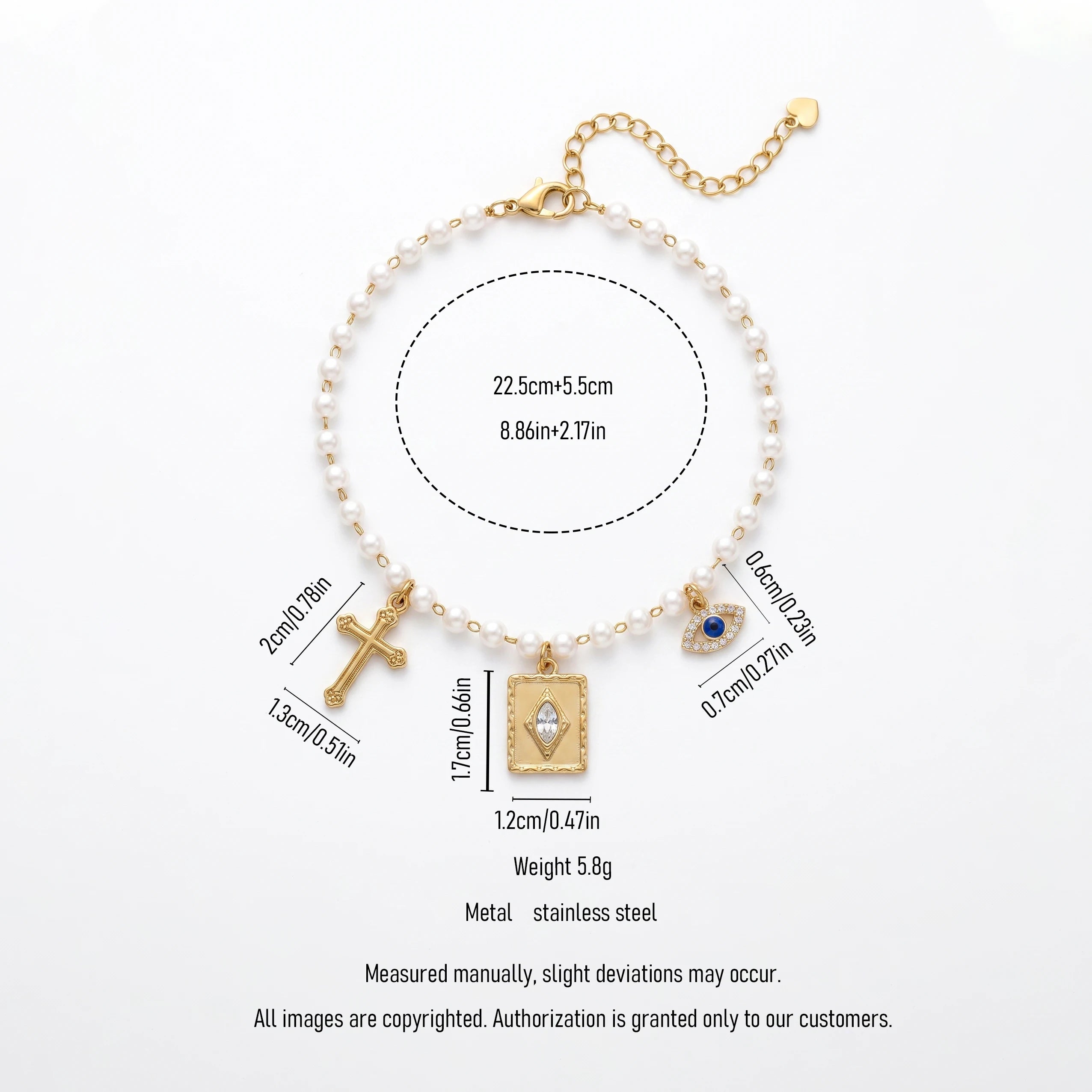 QIAOREN 13327 Vintage Pearl Anklet with Cross, Diamond Square Plate Charms, Mystical Retro Foot Jewelry Gift