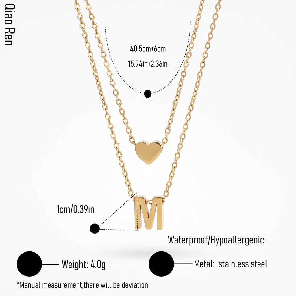 QIAOREN 14420 Layered Heart & Letter M Pendant Necklace, Stainless Steel Double Chain Necklace Jewelry Gift for Daily Outfits