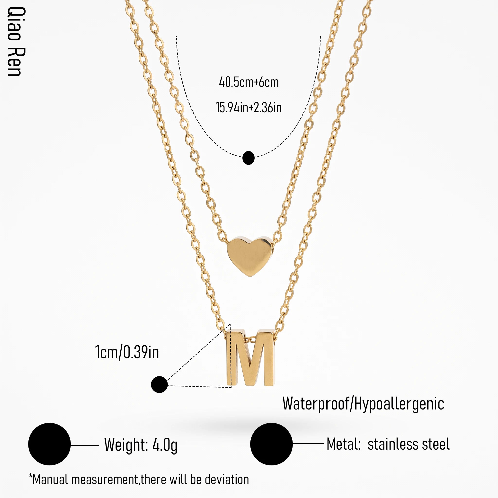 QIAOREN 14420 Layered Heart & Letter M Pendant Necklace, Stainless Steel Double Chain Necklace Jewelry Gift for Daily Outfits