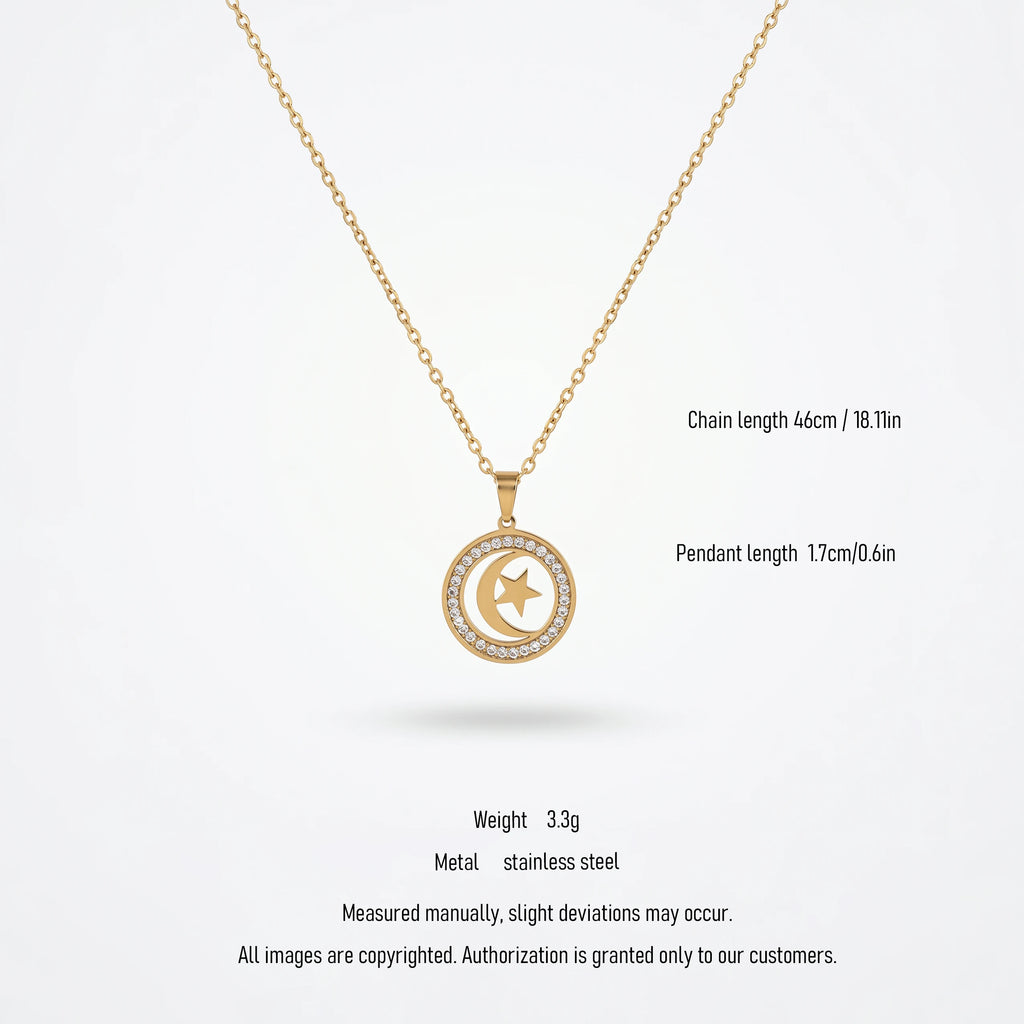 QIAOREN 10851 Trendy 18K Gold Plated Stainless Steel Link Chain Moon and Star Necklace for Unisex Party Daily Wear