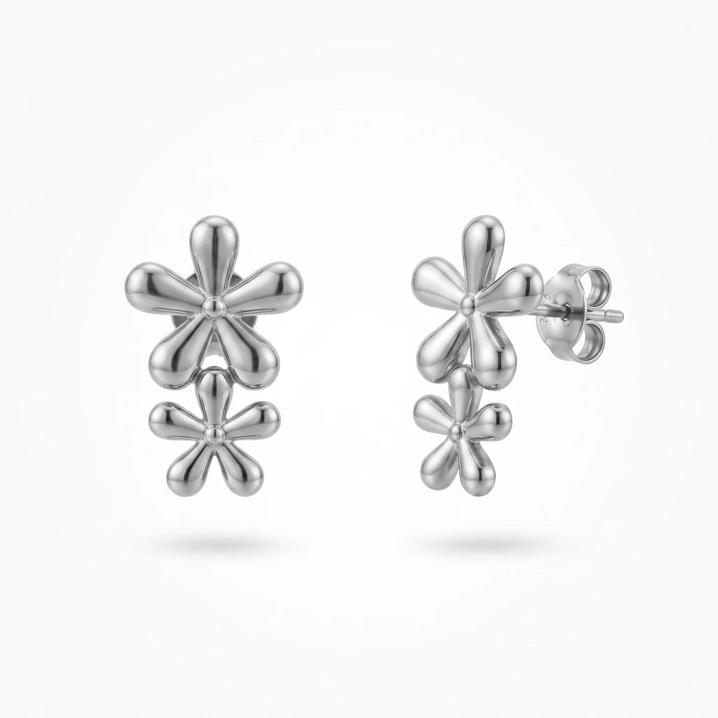 QIAOREN 14031 Polished Gold Double Five Petal Flower Drop Stud Earrings, Vertical Stacked Floral Ear Stud Jewelry Gift
