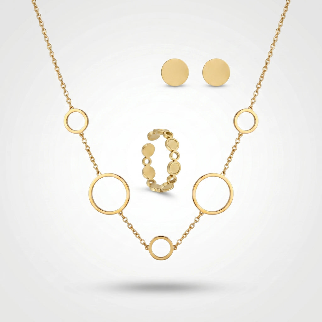 QIAOREN 11649 Versatile Gold Circle Jewelry Set 18K Stainless Steel Necklace Earrings Ring for Office Daily Wear