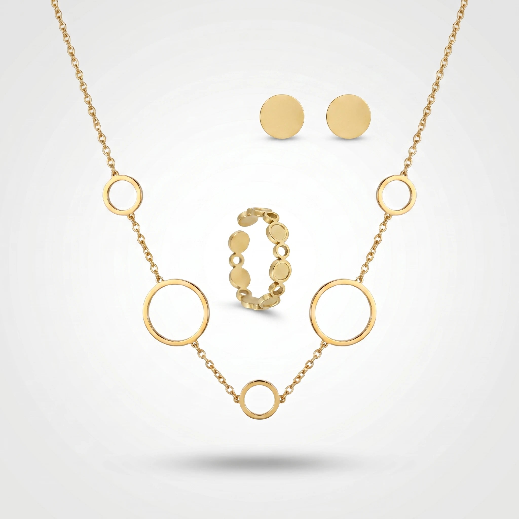 QIAOREN 11649 Versatile Gold Circle Jewelry Set 18K Stainless Steel Necklace Earrings Ring for Office Daily Wear
