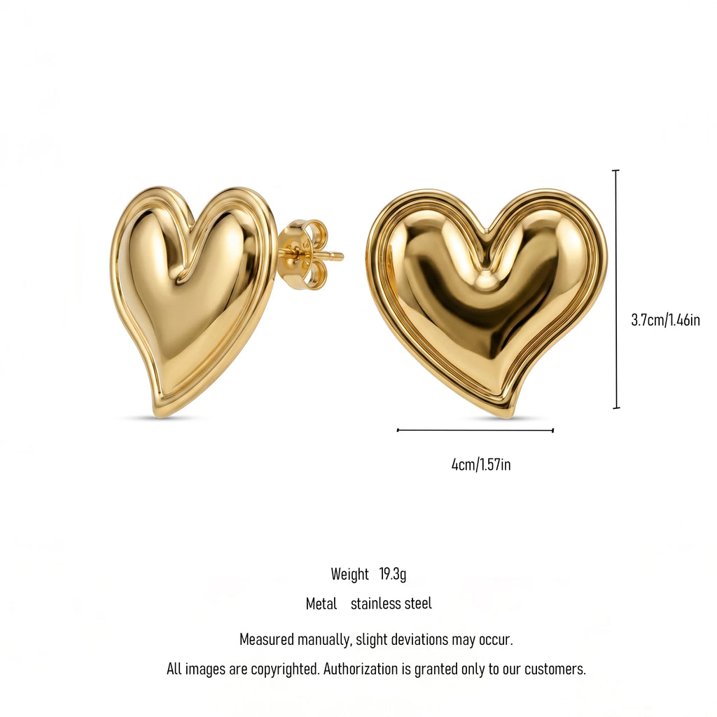 QIAOREN 11198 Luxury Puffy Heart Stud Earrings Gold Stainless Steel Romantic Statement Jewelry for Women