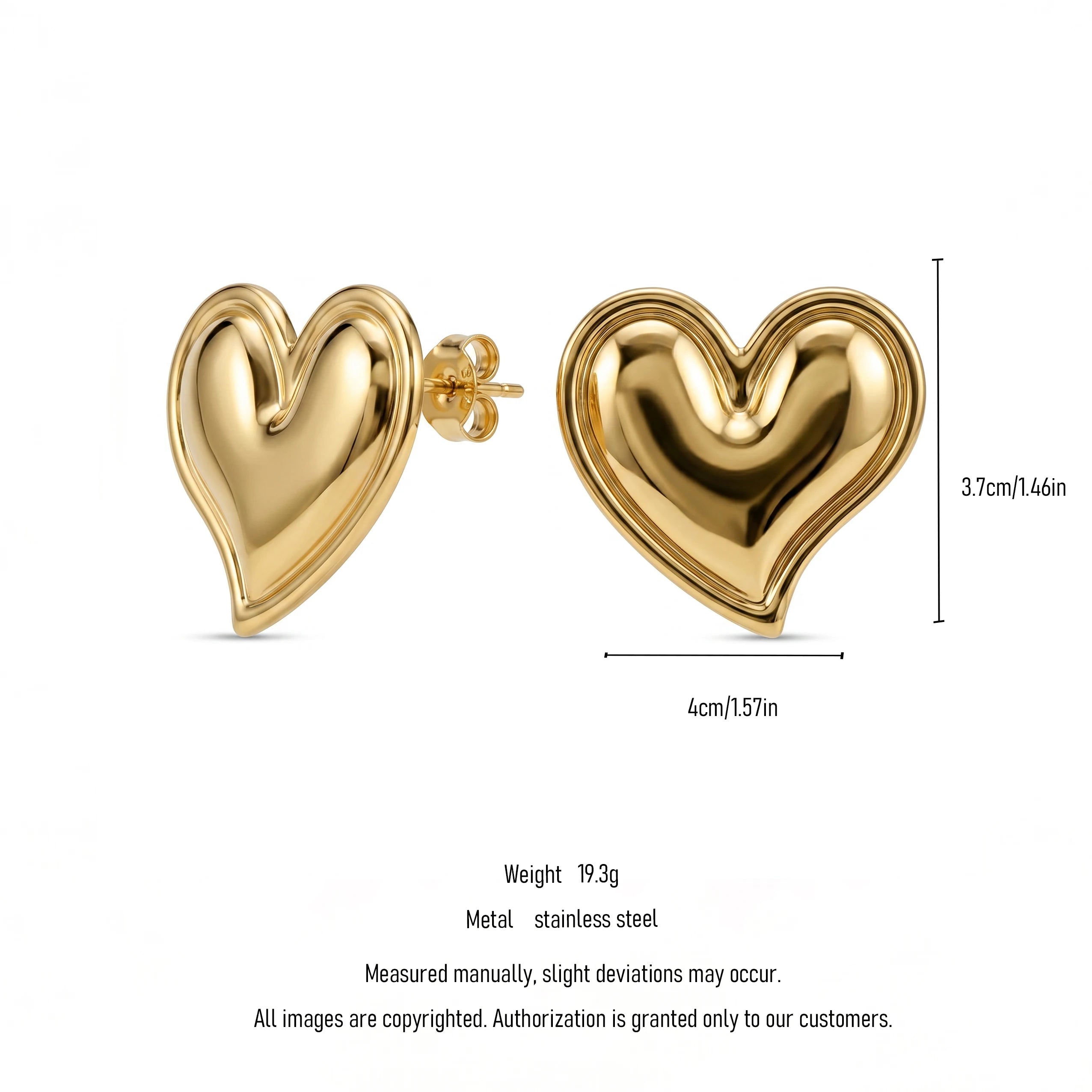 QIAOREN 11198 Luxury Puffy Heart Stud Earrings Gold Stainless Steel Romantic Statement Jewelry for Women