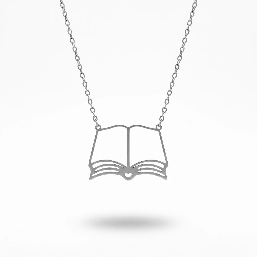QIAOREN 10806 Hypoallergenic Gold Plated Stainless Steel Open Book Charm Necklace Unisex Dainty Trendy Everyday Bookish Jewelry