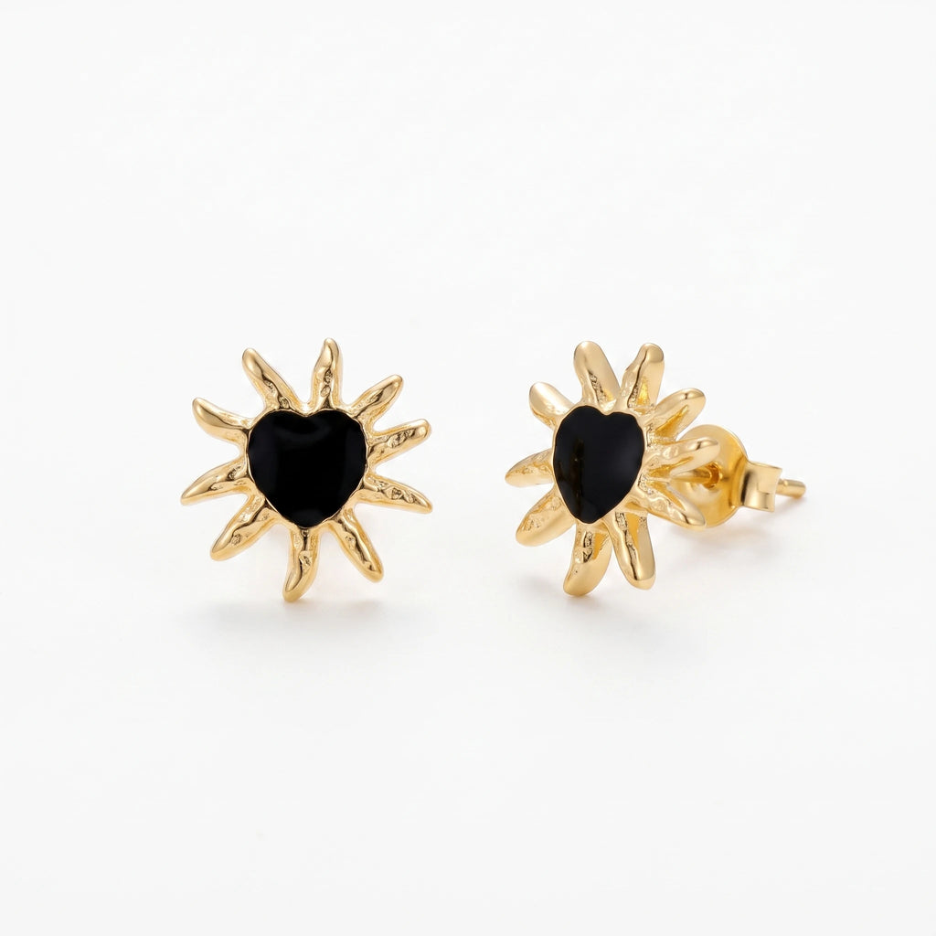 QIAOREN 14035 Matte Gold Sunburst Heart Stud Earrings, Irregular Spike Sun Shape With Black Enamel Heart Center